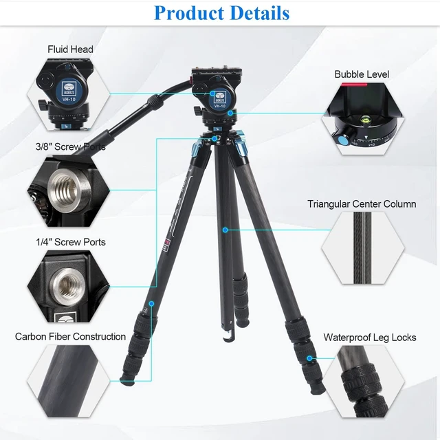 Alt view image 2 of 5 - SIRUI Professional Carbon Fiber Tripod with 360Fluid Video Head, 72.6 Waterproof Video Camera Tripod with Triangular Center Column, Large Tube for DSLR, Camcorder, Load 13.2lbs (ST-224+VH-10)