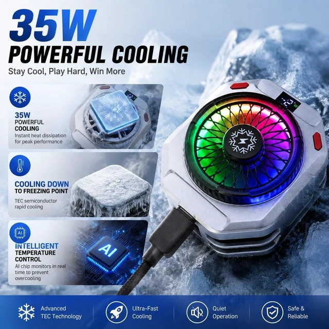 Alt view image 5 of 5 - TH28 Semiconductor Phone Cooler 30W Powerful Cooling Smart Temperature Control 5 Adjustable Modes RGB Lights Extreme Cooling