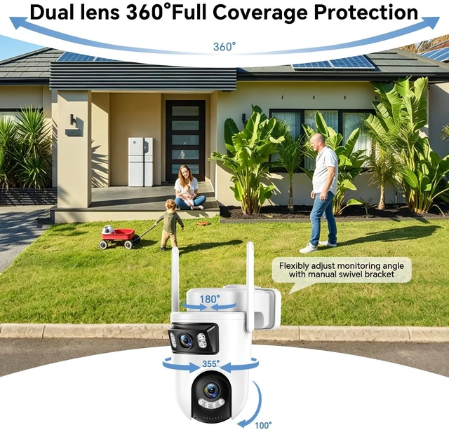 Alt view image 2 of 5 - Dual Lens Security Cameras Outdoor, 360 View Pan/Tilt for Home Security with Color Night Vision, 2K Full HD Video, 2-Way Audio, Works with Alexa, Motion Detection, Easy to Install, 2.4GHz WiFi, 2Pack