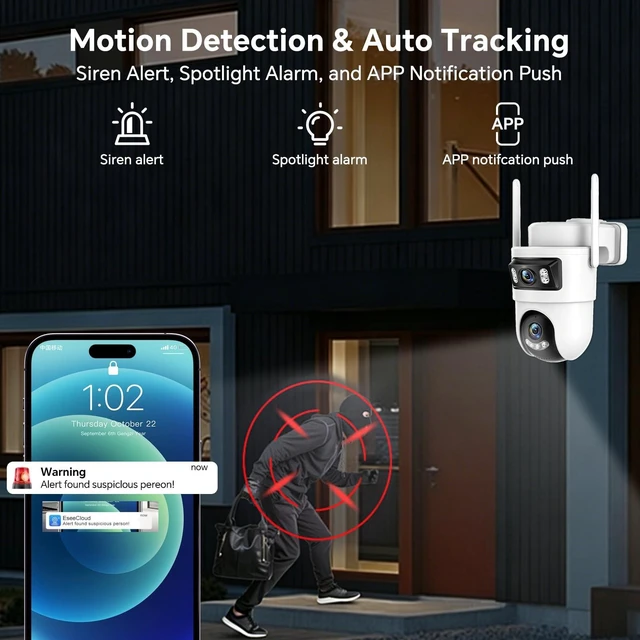 Alt view image 4 of 5 - Dual Lens Security Cameras Outdoor, 360 View Pan/Tilt for Home Security with Color Night Vision, 2K Full HD Video, 2-Way Audio, Works with Alexa, Motion Detection, Easy to Install, 2.4GHz WiFi, 2Pack