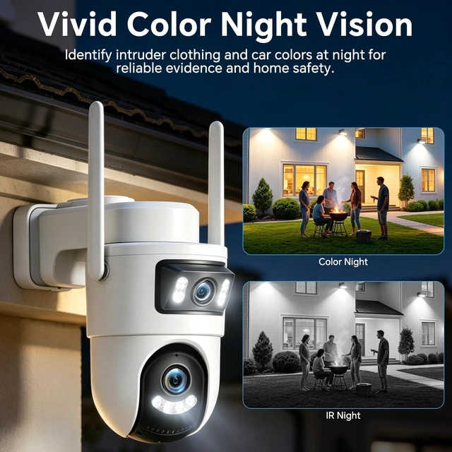 Alt view image 5 of 5 - Dual Lens Security Cameras Outdoor, 360 View Pan/Tilt for Home Security with Color Night Vision, 2K Full HD Video, 2-Way Audio, Works with Alexa, Motion Detection, Easy to Install, 2.4GHz WiFi, 2Pack