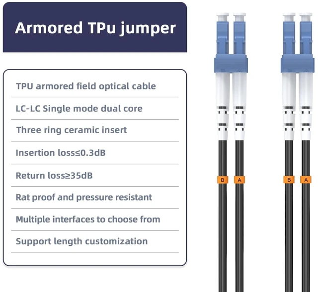 Alt view image 3 of 5 - lidkew Fiber Patch Cable LC/UPC to LC/UPC Single Mode Duplex Outdoor Armored Fiber Optic Cable Jumper Optical Patch Cord,30M/98.4FT 9/125m, TPU LSZH Black