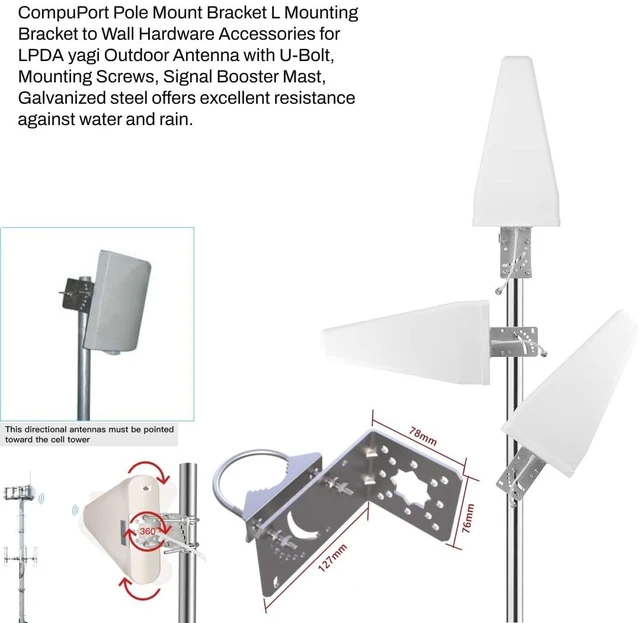 Alt view image 2 of 5 - CompuPort Universal YAGI Antenna Bracket Mount with 2 U-Bolts Adjustable for Attic/Outdoor, Weather Station Mounting for Buildings - Galvanized Steel IP66