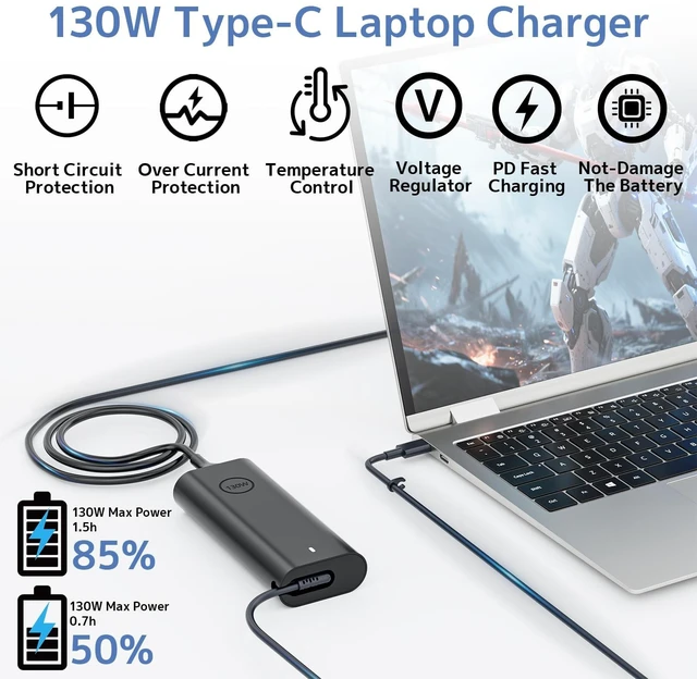 Alt view image 4 of 5 - 130W USB C Charger Fit for DELL XPS Precision Latitude Laptop Power Adapter