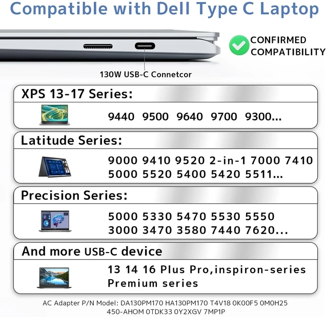 Alt view image 5 of 5 - 130W USB C Charger Fit for DELL XPS Precision Latitude Laptop Power Adapter