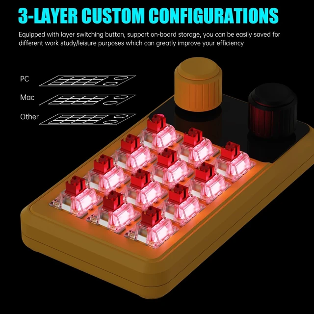 Alt view image 2 of 5 - BRIMFORD Mini Programmable Keyboard, One Handed Gaming Custom Keyboard Multifunction 12 Keys 2 Knobs Suitable for Office Gaming Lab, Compatible with Mac OS,Windows (Yellow)