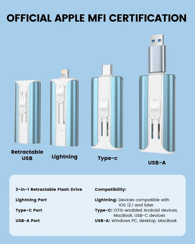 Alt view image 2 of 5 - MFI Certified 512GB Flash Drive Photo Stick and USB Stick Offers Photo/Video Storage, The External Storage is Compatible with iOS, Android, and Pc,1 Pack (Blue)(Available Space: ~484GB)