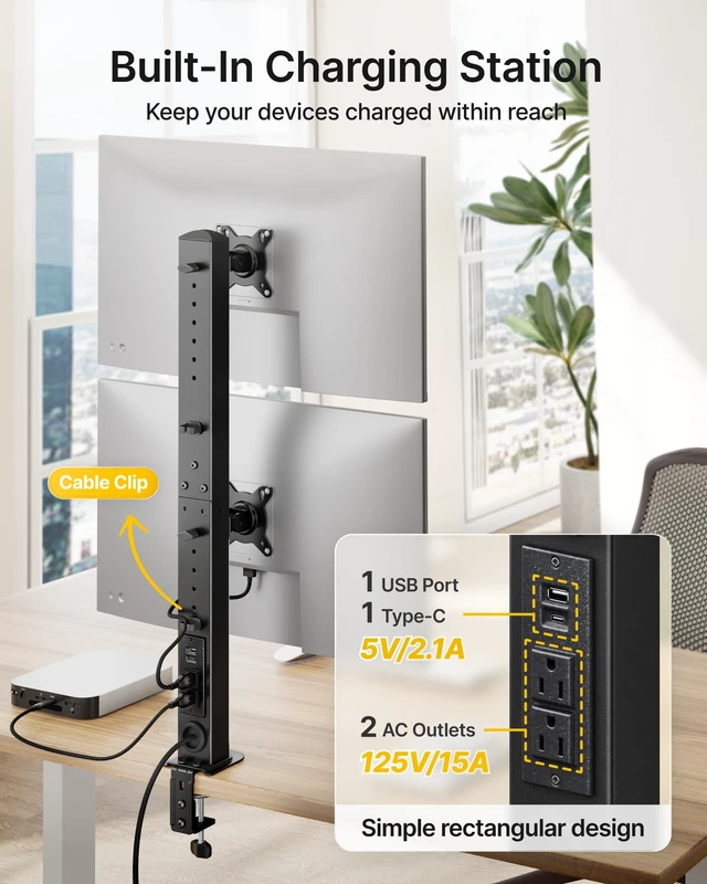 Alt view image 3 of 5 - monTEK Powered Stacked Dual Monitor Stand for 17-32", Clamp/Grommet