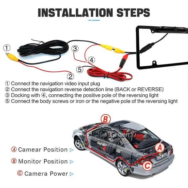 Alt view image 5 of 5 - License Plate Frame Backup Camera, Night Vision Car Rear View Camera with 8 LEDs, 140 Viewing Angle Vehicle Reverse Camera, Waterproof Rear View Camera for Cars, SUV, Trucks, RV and More