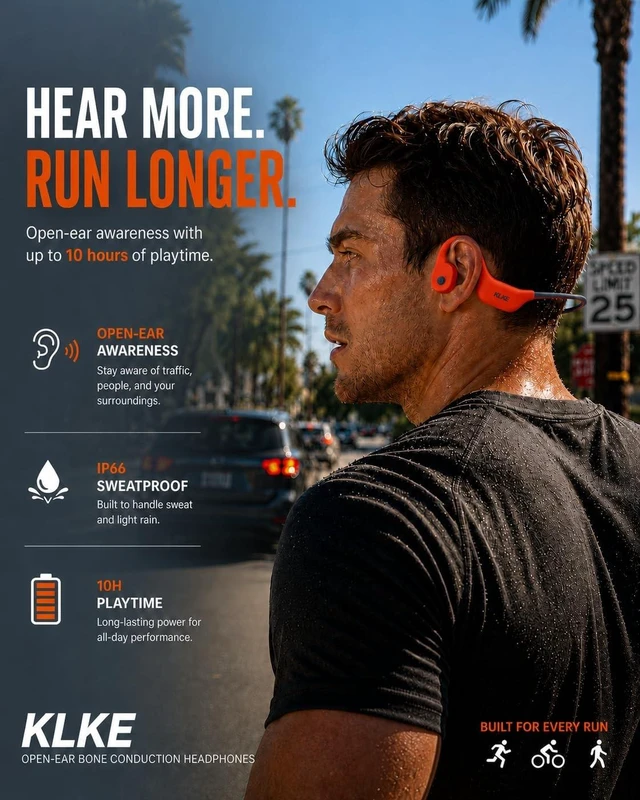 Alt view image 2 of 5 - KLKE Bone Conduction Headphones for Running with mic and Rear Safety Light