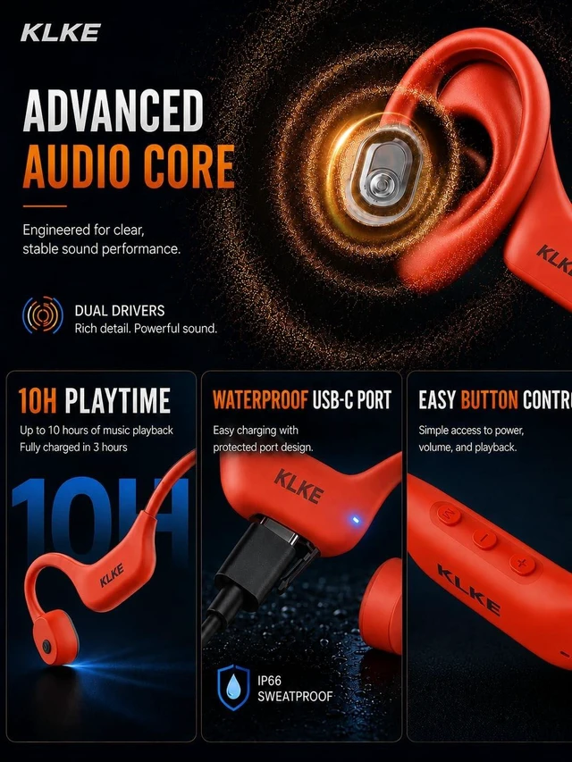 Alt view image 5 of 5 - KLKE Bone Conduction Headphones for Running with mic and Rear Safety Light