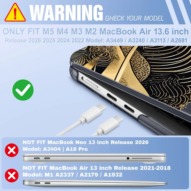 Alt view image 2 of 5 - May Chen for M5 MacBook Air 13.6 Inch Case 2026 2025 2024-2022 Release M5 A3449 M4 A3240 M3 A3113 M2 A2681, Plastic Hard Shell Case for MacBook Air 13.6" with Retina Display, Black Sea Wave