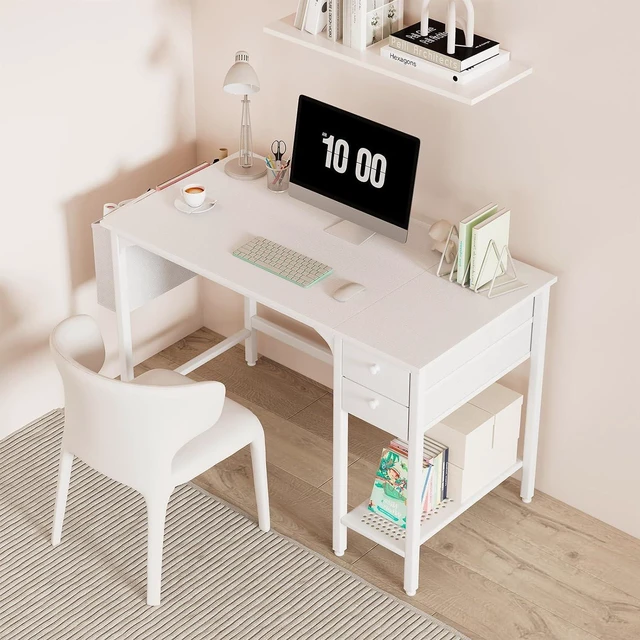 Alt view image 2 of 7 - Lufeiya White Small Desk with Drawers - 40 Inch Computer Desk for Small Space Home Office, Modern Simple Study Writing Table PC Desks