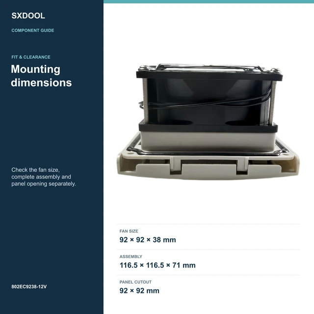Alt view image 3 of 7 - SXDOOL 802EC9238-12V Enclosure Filter Fan, 92 x 92 x 38 mm, 12V DC