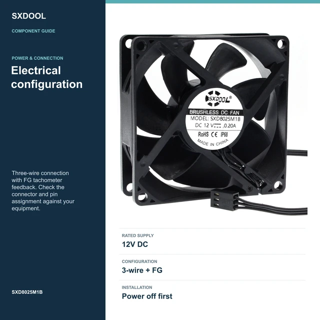 Alt view image 4 of 7 - SXDOOL SXD8025M1B IP68 Waterproof Dustproof Industrial Cooling Fan, 80 x 80 x 25 mm, 12V DC, Dual Ball Bearing, 3600 RPM, 45.8 CFM