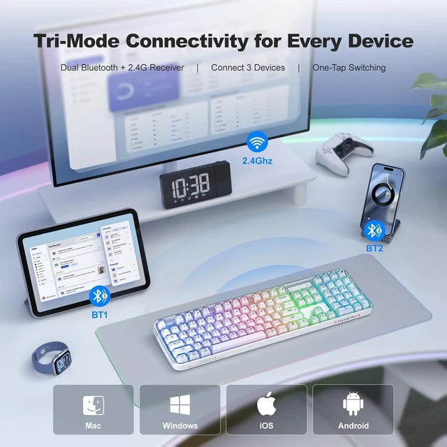 Alt view image 2 of 7 - Upgraded Wireless Ergonomic Keyboard BT/2.4GHz Tri-Mode, Natural Curve, RGB Backlit, Rechargeable, Full-Size for Computer/Laptop/Mac/MacBook, Pearl White