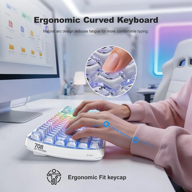 Alt view image 4 of 7 - Upgraded Wireless Ergonomic Keyboard BT/2.4GHz Tri-Mode, Natural Curve, RGB Backlit, Rechargeable, Full-Size for Computer/Laptop/Mac/MacBook, Pearl White