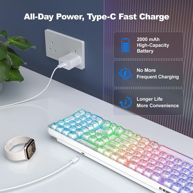 Alt view image 5 of 7 - Upgraded Wireless Ergonomic Keyboard BT/2.4GHz Tri-Mode, Natural Curve, RGB Backlit, Rechargeable, Full-Size for Computer/Laptop/Mac/MacBook, Pearl White
