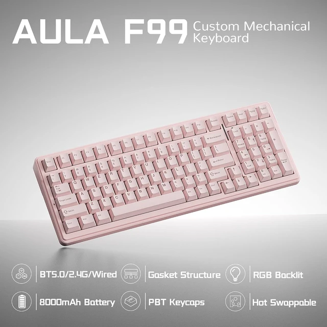 Alt view image 2 of 7 - Aula F99 Wireless Silent Mechanical Computer Keyboard with Number Pad (Pink)