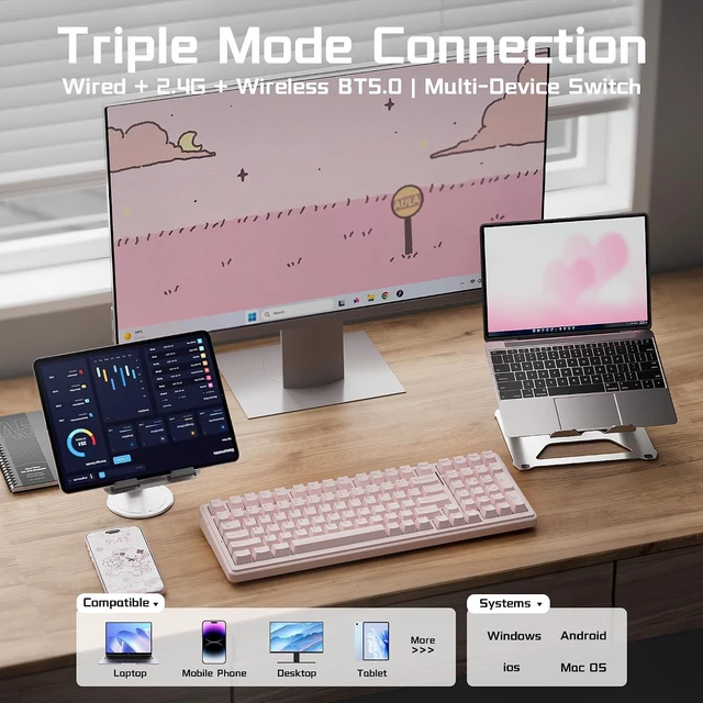 Alt view image 3 of 7 - Aula F99 Wireless Silent Mechanical Computer Keyboard with Number Pad (Pink)