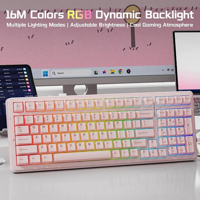 Alt view image 4 of 7 - Aula F99 Wireless Silent Mechanical Computer Keyboard with Number Pad (Pink)