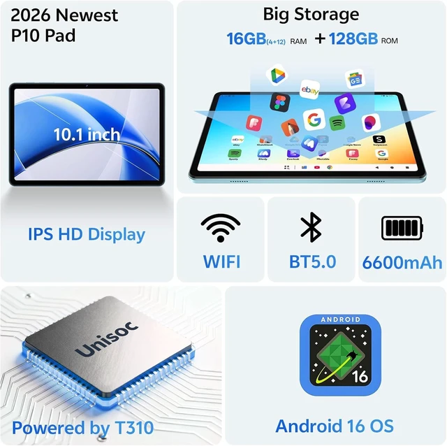 Alt view image 2 of 7 - 10-Inch Android 16 Tablet (Gray)