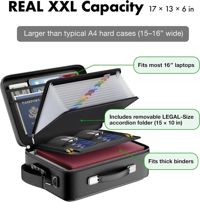 Alt view image 2 of 6 - XXL Legal-Size Fire & Water-Resistant Document Box Hard-Shell Case (17×13×6 in) with TSA Lock, File Organizer for Documents, Laptop, Passport, Wills & Certificates (Black)