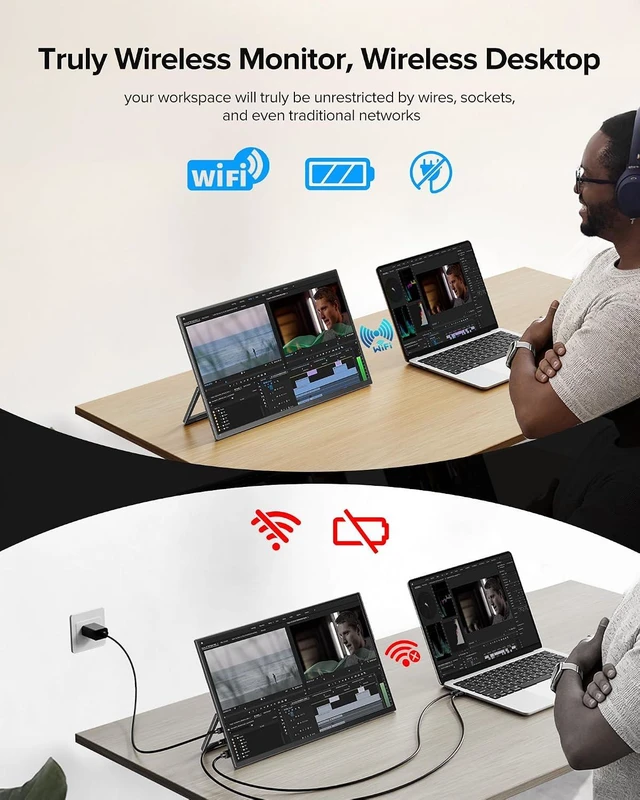 Alt view image 2 of 7 - 15.6" Wireless Portable Monitor with 8000mAh Battery (4-5H)