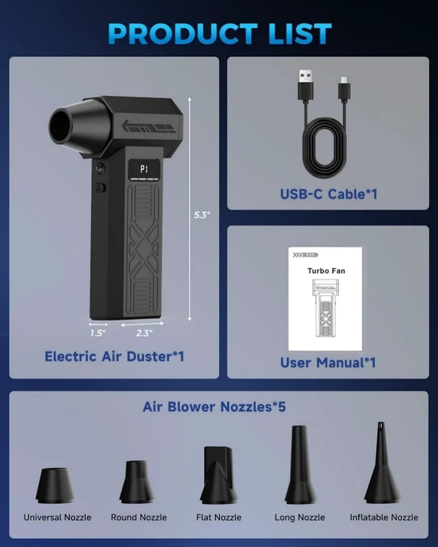 Alt view image 7 of 7 - 180000 RPM Mini Compressed Air Duster Cordless Keyboard Cleaner with 4-Gear Adjustment & 5 Nozzles for Computers, Electronics & Home