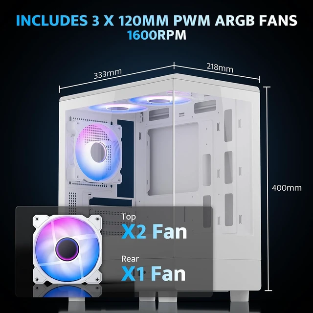 Alt view image 3 of 7 - DB330M Micro ATX PC Case 3 PWM ARGB Fans Pre-Installed (White)