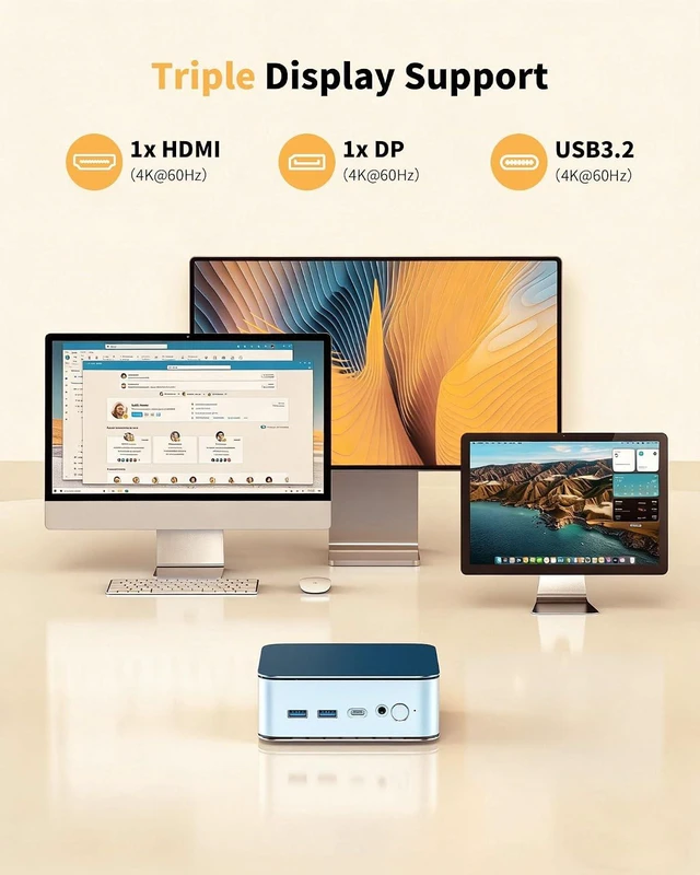 Alt view image 5 of 7 - Mini PC Ryzen 5300U, 16GB DDR4, 512GB NVMe SSD, Triple 4K HDMI/DP/Type-C, WiFi 6, BT5.3, Dual 2.5G LAN, Expandable to 64GB/4TB for Office, Home & Media