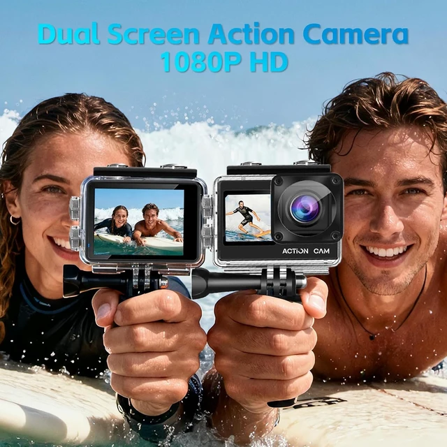 Alt view image 2 of 7 - Dual-Screen Action Camera 1080P 16MP Waterproof Camera (Black)