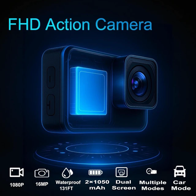 Alt view image 4 of 7 - Dual-Screen Action Camera 1080P 16MP Waterproof Camera (Black)