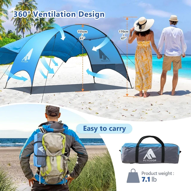 Alt view image 2 of 7 - Beach Tent Compact Fold Beach Shade Canopy (16.9x3.9), Own Patent, 360° Ventilation, Large Side Storage Pocket, UV Protection Portable Sun Shelter (Blue, 106*65*61 with 74.8*98.4 sail)