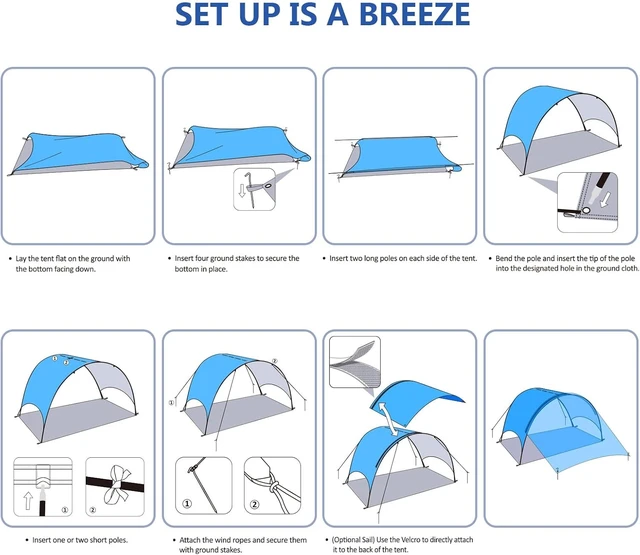 Alt view image 5 of 7 - Beach Tent Compact Fold Beach Shade Canopy (16.9x3.9), Own Patent, 360° Ventilation, Large Side Storage Pocket, UV Protection Portable Sun Shelter (Blue, 106*65*61 with 74.8*98.4 sail)