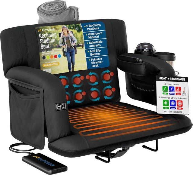 Main image of Heated Massage Reclining Stadium Seat for Bleachers Wide Bleacher Chair with Back Support, Cushion, Armrests, Large Pockets & Multiple Safety Features