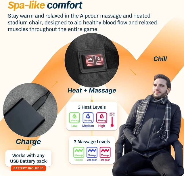Alt view image 5 of 7 - Heated Massage Reclining Stadium Seat for Bleachers Wide Bleacher Chair with Back Support, Cushion, Armrests, Large Pockets & Multiple Safety Features