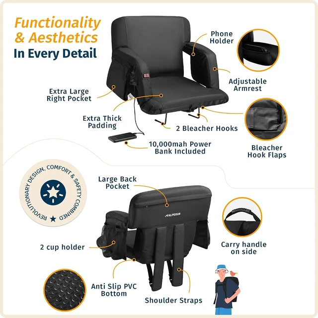 Alt view image 6 of 7 - Heated Massage Reclining Stadium Seat for Bleachers Wide Bleacher Chair with Back Support, Cushion, Armrests, Large Pockets & Multiple Safety Features