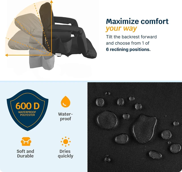 Alt view image 7 of 7 - Heated Massage Reclining Stadium Seat for Bleachers Wide Bleacher Chair with Back Support, Cushion, Armrests, Large Pockets & Multiple Safety Features