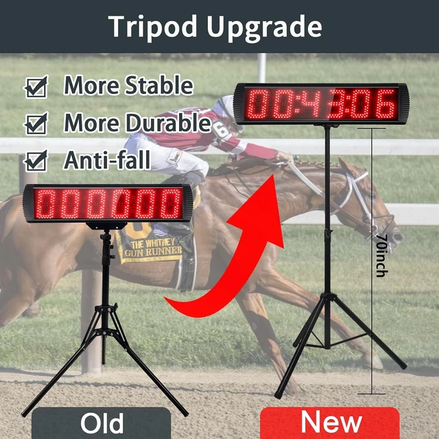 Alt view image 2 of 5 - Large LED Digital Race Timer with Countdown/Up/Time Clock Remote Control, Tripod Stand & Adjustable Brightness for Sports, Races, Meetings & Presentations