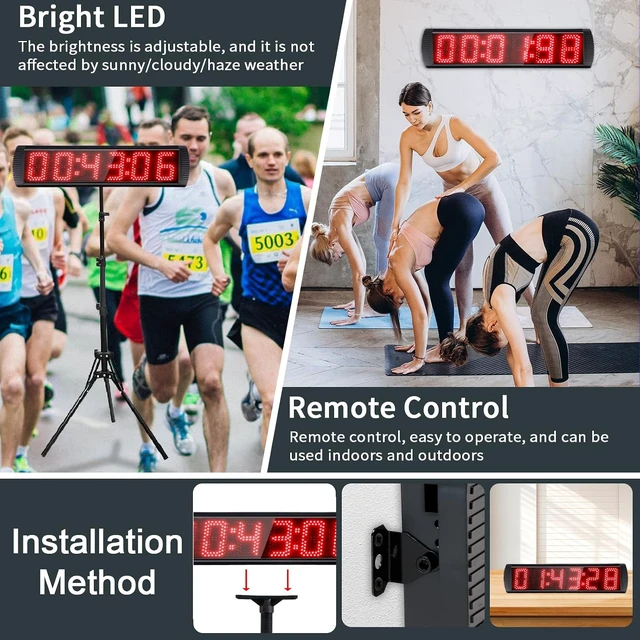 Alt view image 3 of 5 - Large LED Digital Race Timer with Countdown/Up/Time Clock Remote Control, Tripod Stand & Adjustable Brightness for Sports, Races, Meetings & Presentations