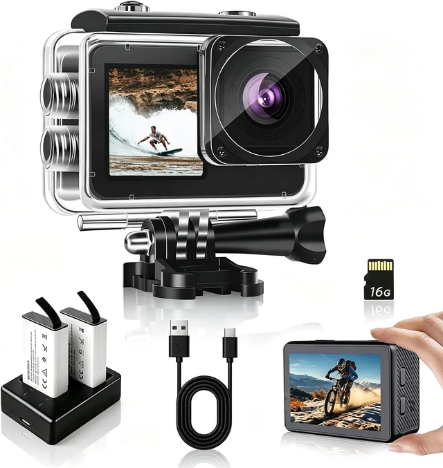Main image of 1080P FHD 16MP Underwater Action Camera with 2" & 1.3" Dual Screen 131FT/40M Waterproof Vlogging Camera, Includes 16GB Card, 2x1050mAh Batteries & Mounting Accessories (black)