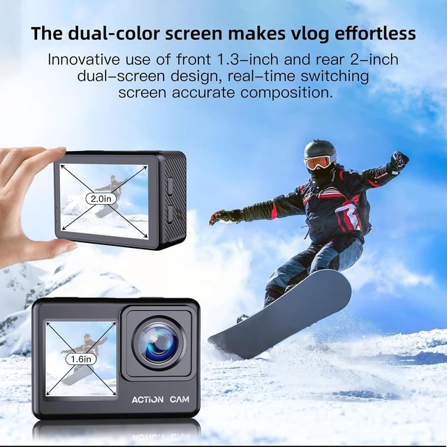 Alt view image 2 of 7 - 1080P FHD 16MP Underwater Action Camera with 2" & 1.3" Dual Screen 131FT/40M Waterproof Vlogging Camera, Includes 16GB Card, 2x1050mAh Batteries & Mounting Accessories (black)