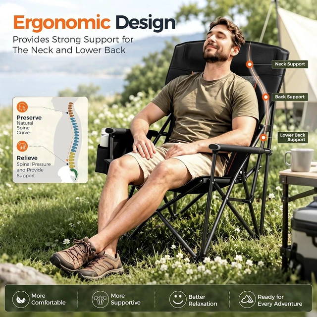 Alt view image 4 of 7 - Oversized Heavy Duty Folding Camping Chair with Cup Holder & Headrest 500LBS Capacity Outdoor Lawn Chair with Side Pocket for Sports & Fishing