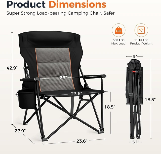 Alt view image 2 of 7 - Oversized Heavy Duty Folding Camping Chair with Cup Holder & Headrest 500LBS Capacity Outdoor Lawn Chair with Side Pocket for Sports & Fishing