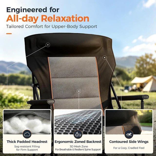 Alt view image 5 of 7 - Oversized Heavy Duty Folding Camping Chair with Cup Holder & Headrest 500LBS Capacity Outdoor Lawn Chair with Side Pocket for Sports & Fishing