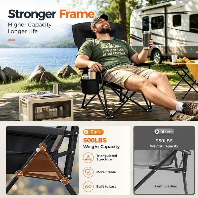 Alt view image 6 of 7 - Oversized Heavy Duty Folding Camping Chair with Cup Holder & Headrest 500LBS Capacity Outdoor Lawn Chair with Side Pocket for Sports & Fishing