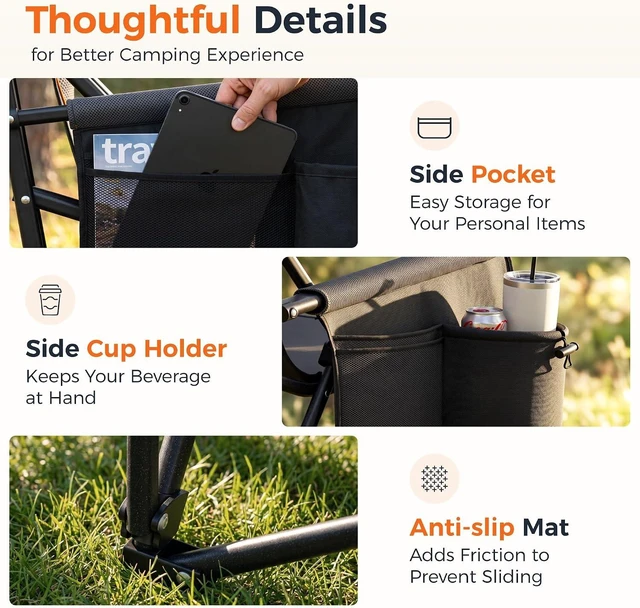 Alt view image 7 of 7 - Oversized Heavy Duty Folding Camping Chair with Cup Holder & Headrest 500LBS Capacity Outdoor Lawn Chair with Side Pocket for Sports & Fishing