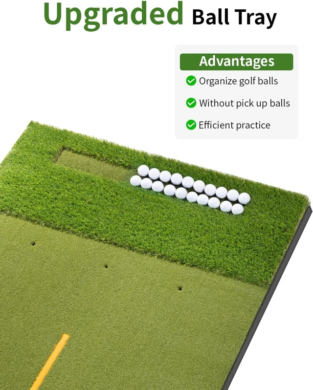 Alt view image 2 of 7 - 5.2x4ft & 6x4ft Dual-Turf Golf Hitting Mat with Ball Tray 21mm-50mm Thickened Mat with 9 Hitting Holes, Alignment Aid for Driving, Chipping & Swinging, Gift for Men/Dad/Him