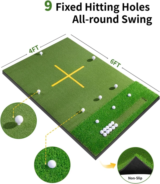 Alt view image 4 of 7 - 5.2x4ft & 6x4ft Dual-Turf Golf Hitting Mat with Ball Tray 21mm-50mm Thickened Mat with 9 Hitting Holes, Alignment Aid for Driving, Chipping & Swinging, Gift for Men/Dad/Him